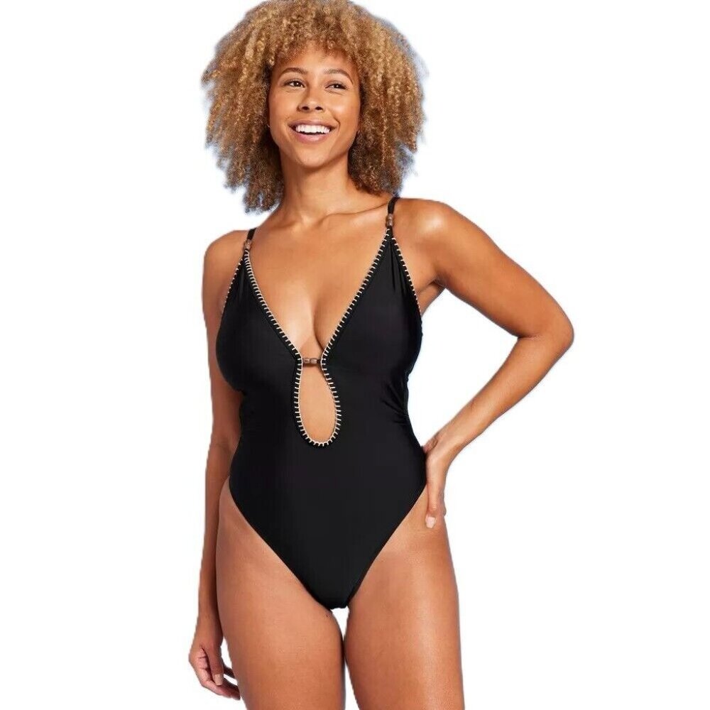 Shade & Shore XS 0-2 Black Bead Detail High Leg Cheeky Plunge Front Swimsuit